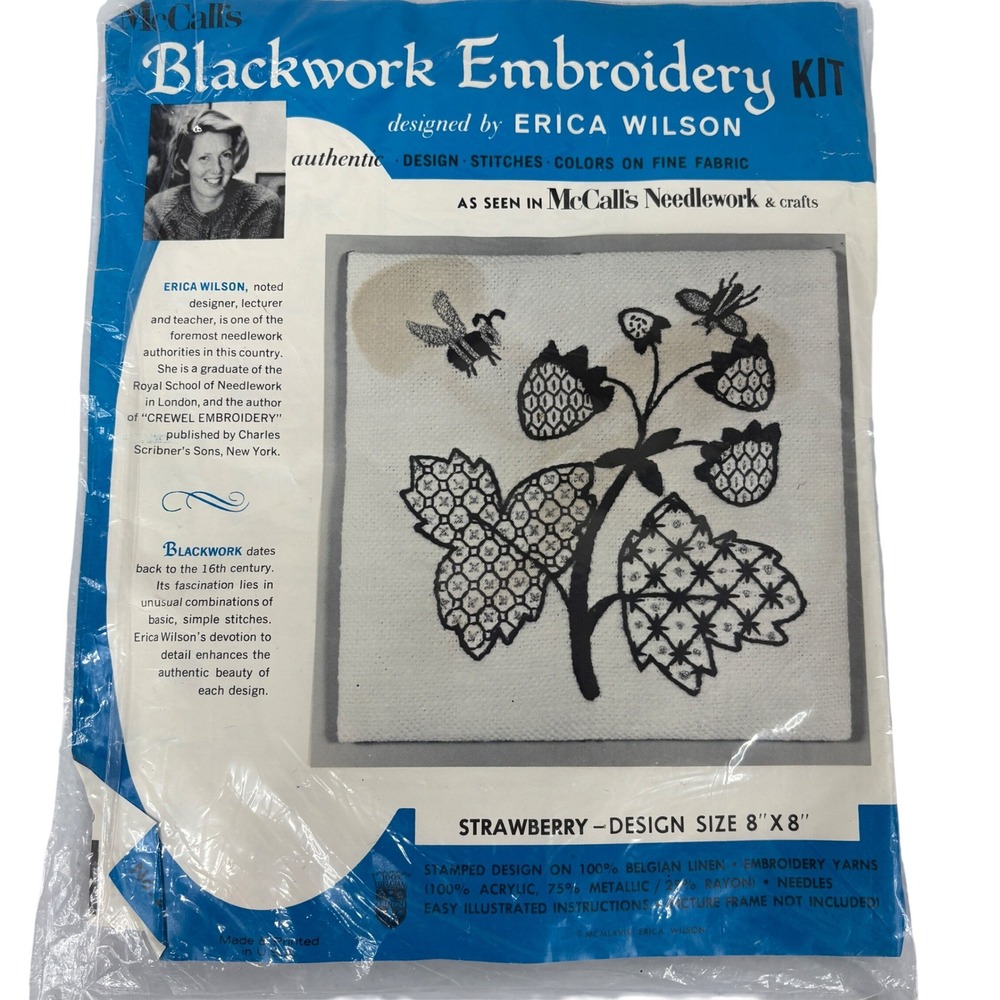 RARE Erica Wilson Blackwork Embroidery Kit Strawberry Bee 1968 Linen Metalic MCM